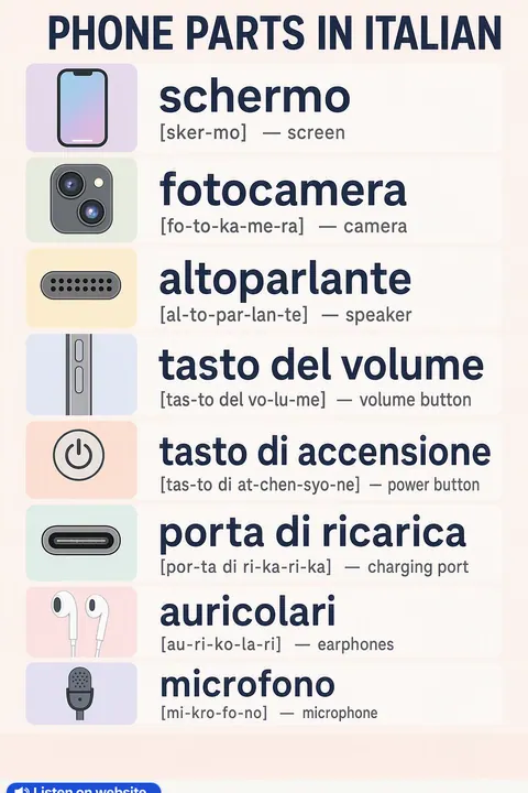 Phone parts in Italian vocabulary chart