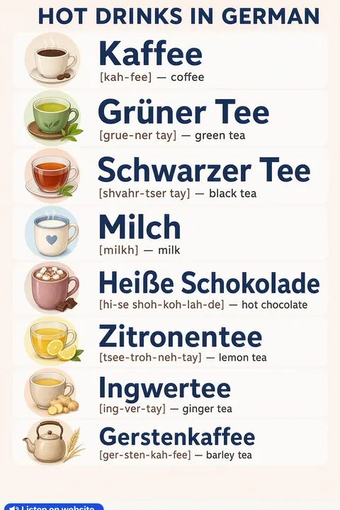 Hot drinks in German vocabulary chart