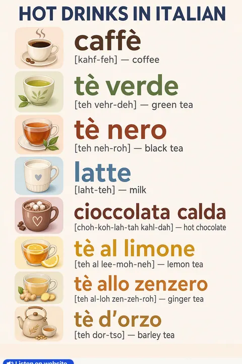 Hot drinks in Italian vocabulary chart
