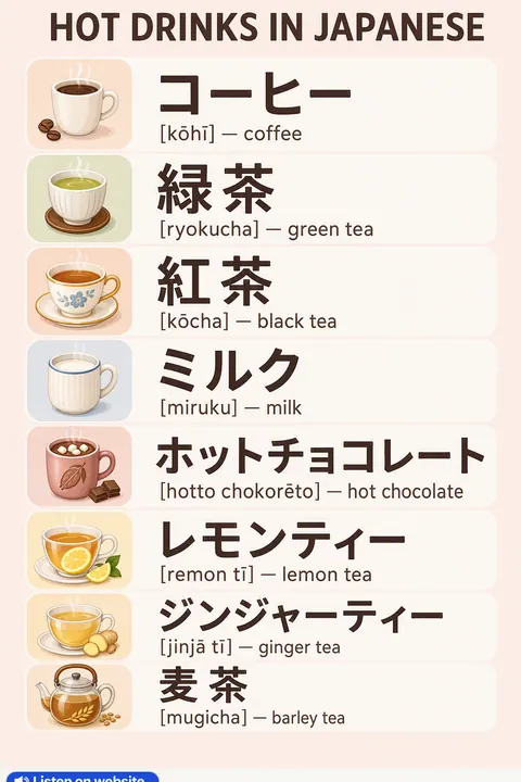 Hot drinks in Japanese vocabulary chart
