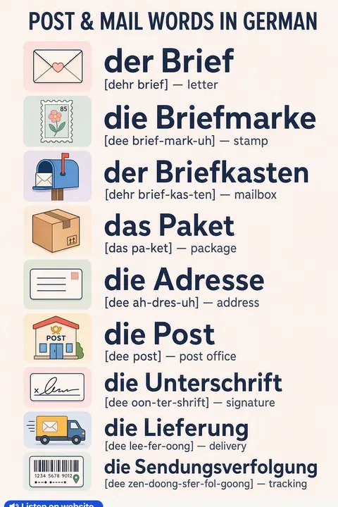 Post & Mail in German vocabulary chart