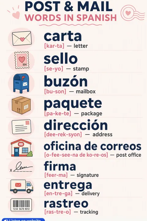 Post & Mail in Spanish vocabulary chart