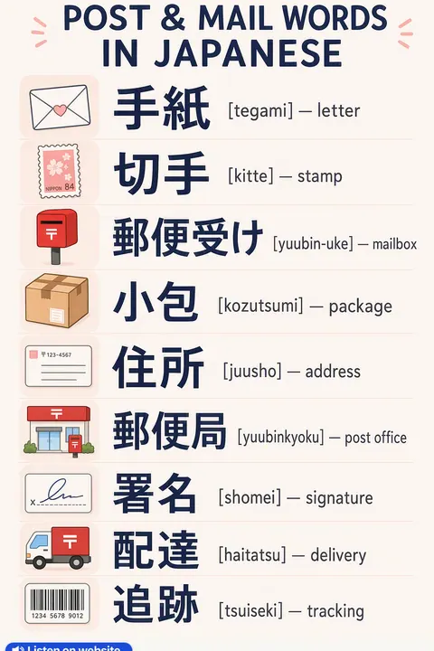 Post & Mail in Japanese vocabulary chart