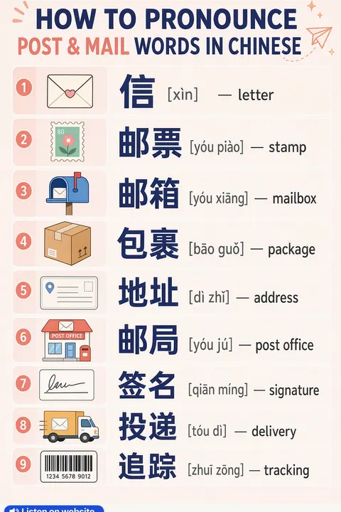 How To Pronounce Post & Mail in Chinese vocabulary chart