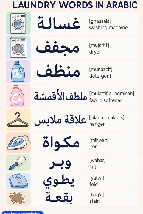 How to do laundry in Arabic vocabulary chart