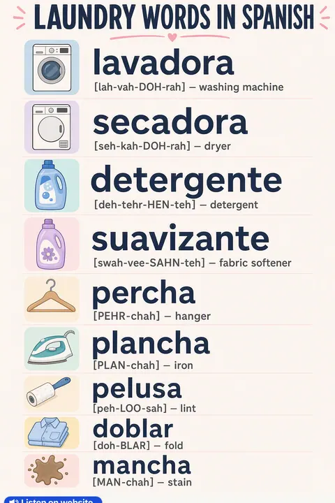 How to do laundry in Spanish vocabulary chart