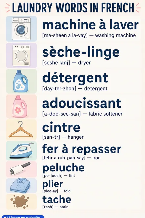 How to do laundry in French vocabulary chart