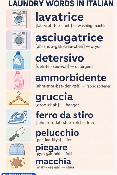 How to do laundry in Italian vocabulary chart