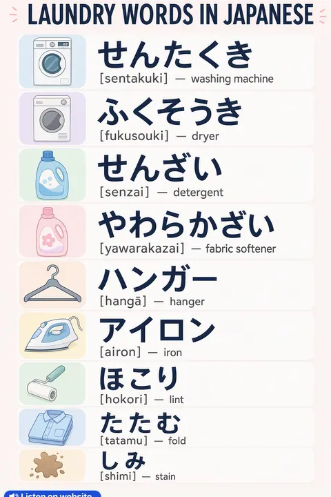How to do laundry in Japanese vocabulary chart