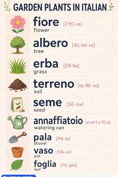 Garden plants in Italian vocabulary chart