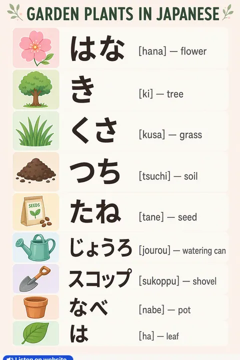 Garden plants in Japanese vocabulary chart