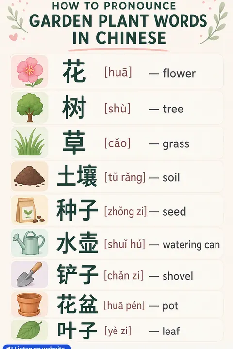 How To Pronounce Garden Plant in Chinese vocabulary chart