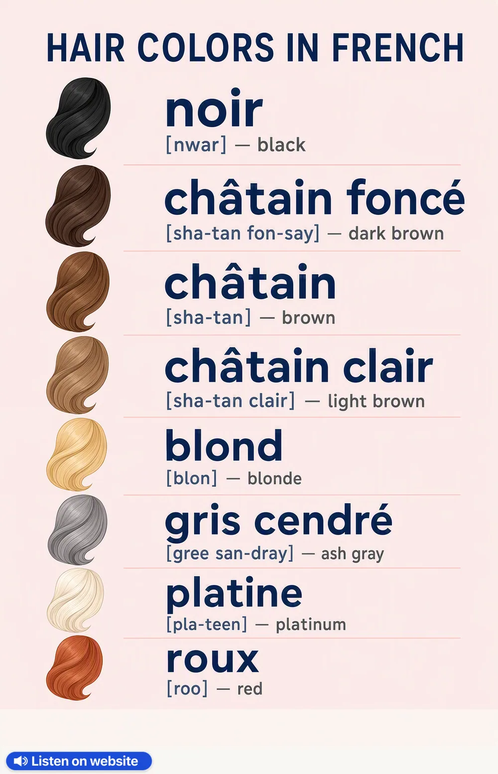 Hair colors in French — vocabulary chart for English speakers