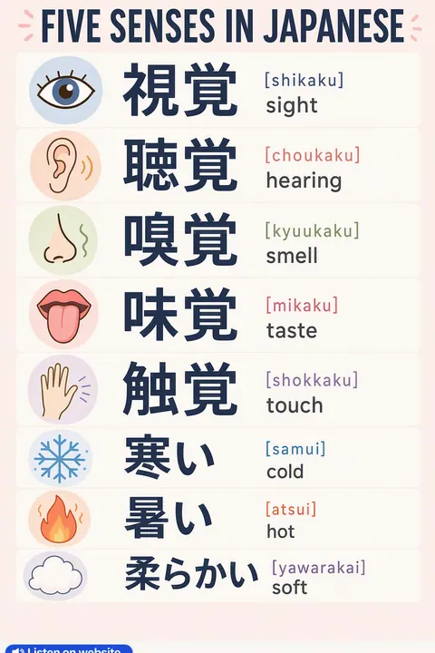 Five Senses in Japanese vocabulary chart