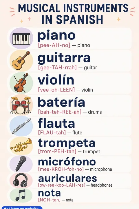 Musical instruments in Spanish vocabulary chart