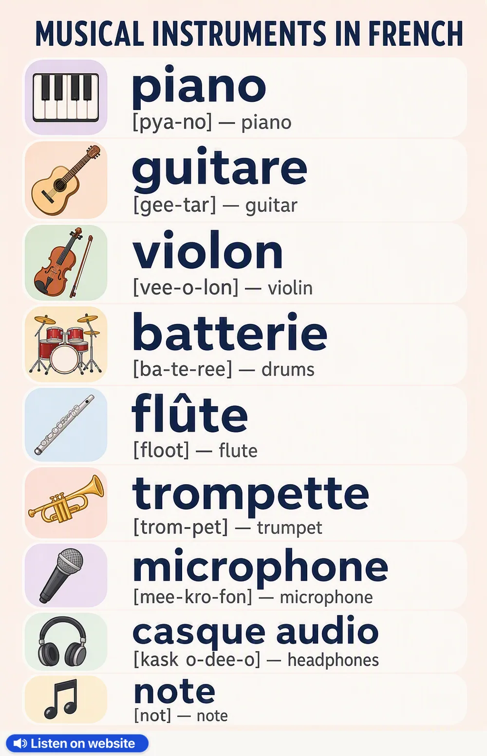 Musical instruments in French — vocabulary chart for English speakers