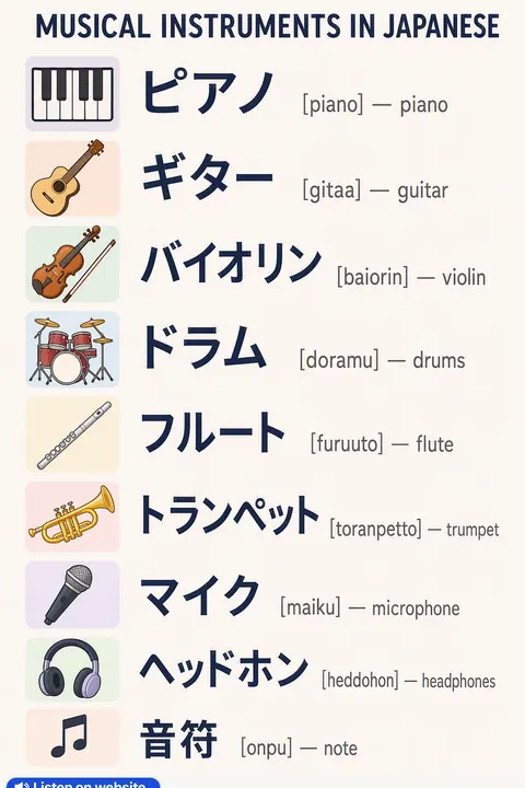 Musical instruments in Japanese vocabulary chart
