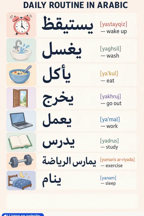 Daily Routine in Arabic vocabulary chart