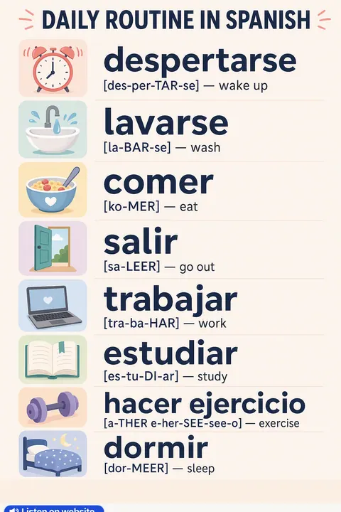 Daily routine in Spanish vocabulary chart