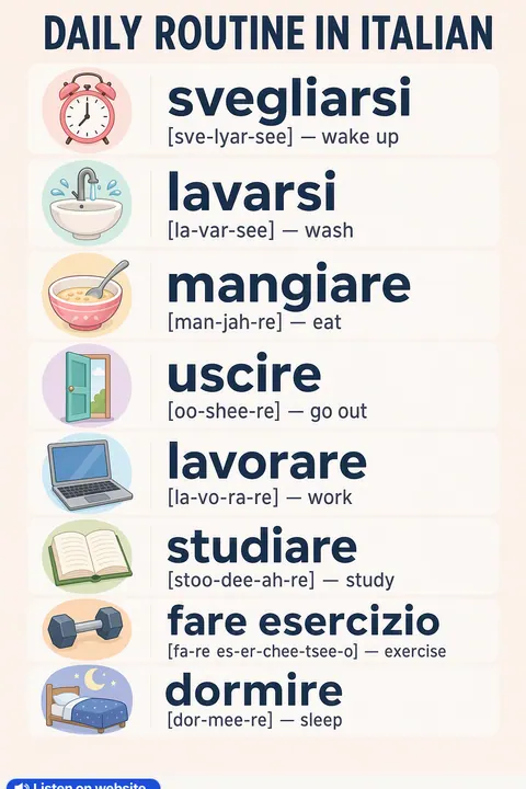 Daily routine in Italian vocabulary chart