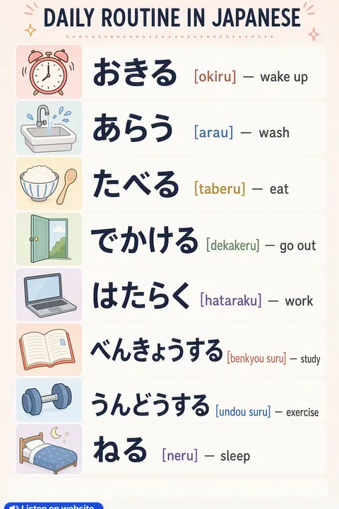 Daily routine in Japanese vocabulary chart
