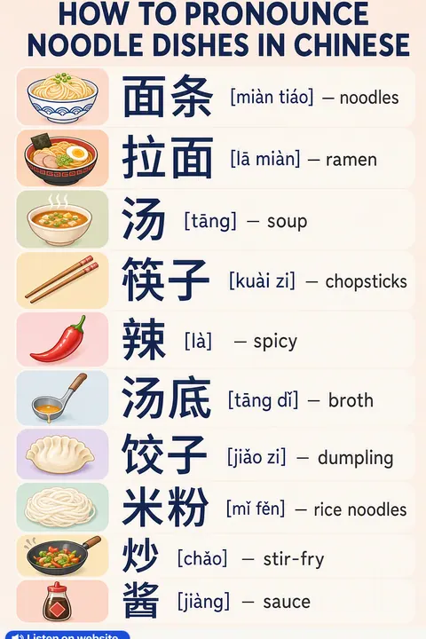 How to pronounce noodle dishes in Chinese vocabulary chart