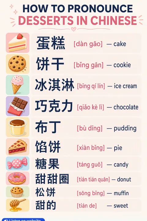 How to pronounce desserts in Chinese vocabulary chart