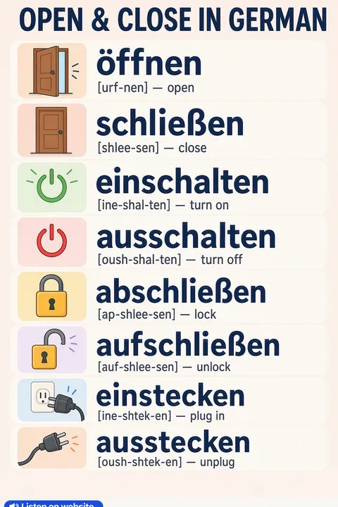 Open & Close in German vocabulary chart