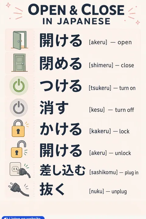 Open & Close in Japanese vocabulary chart