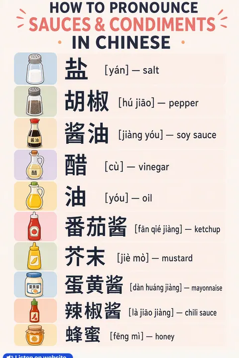 How to pronounce sauces & condiments in Chinese vocabulary chart