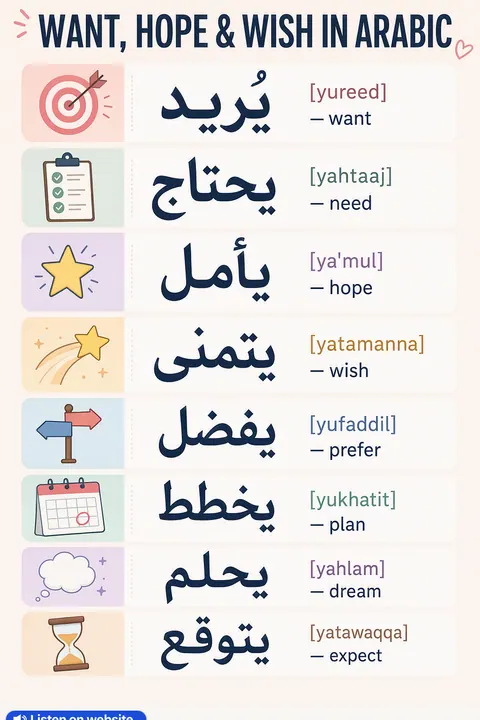 Want, hope & wish in Arabic vocabulary chart