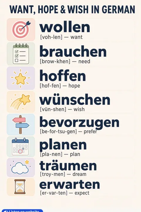 Want, hope & wish in German vocabulary chart