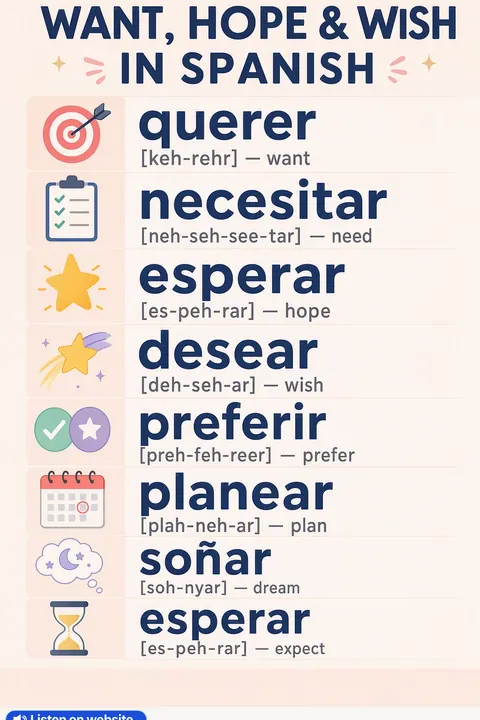 Want, hope & wish in Spanish vocabulary chart