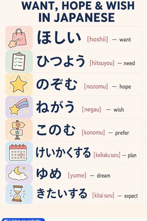 Want, hope & wish in Japanese vocabulary chart