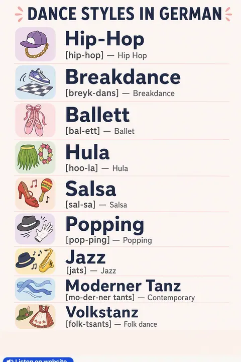 Dance styles in German vocabulary chart