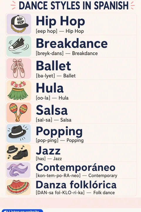 Dance styles in Spanish vocabulary chart