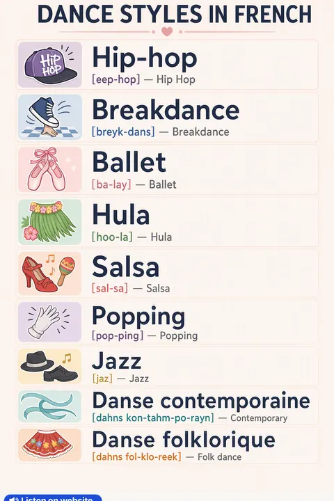 Dance styles in French vocabulary chart