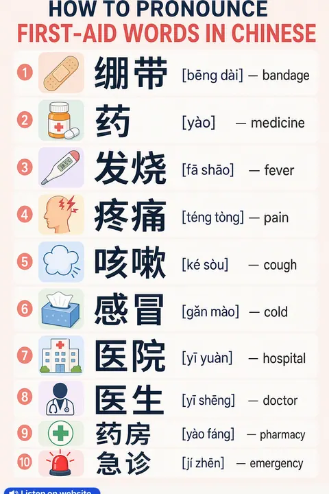 How To Pronounce First-aid in Chinese vocabulary chart