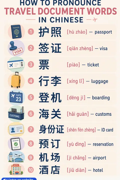 How To Pronounce Travel Document in Chinese vocabulary chart