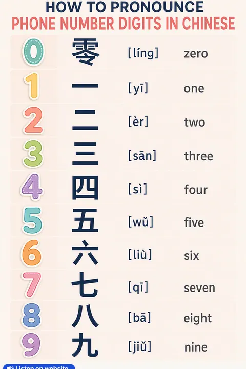 How to pronounce phone number digits in Chinese vocabulary chart