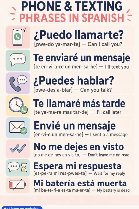 Phone & Texting in Spanish vocabulary chart