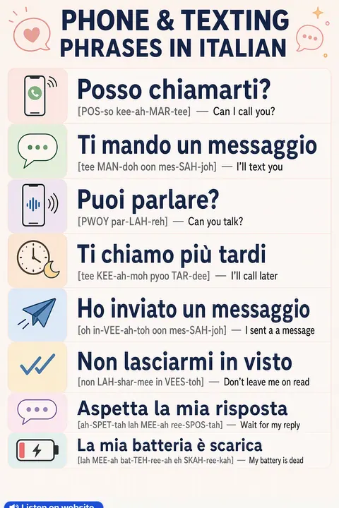 Phone & Texting in Italian vocabulary chart