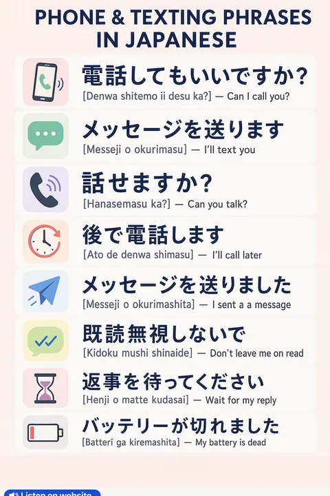 Phone & Texting in Japanese vocabulary chart