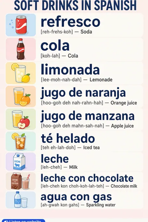 Soft drinks in Spanish vocabulary chart