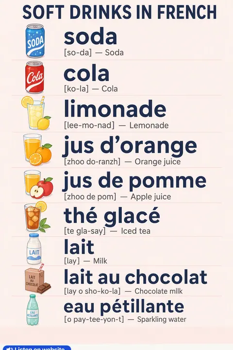 Soft drinks in French vocabulary chart