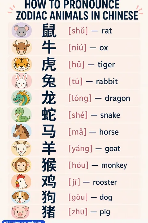 How to pronounce zodiac animals in Chinese vocabulary chart