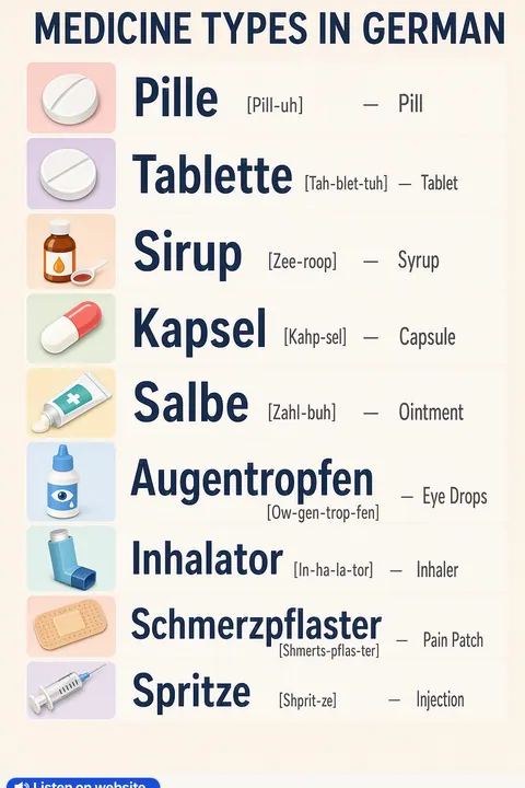 Medicine Types in German vocabulary chart