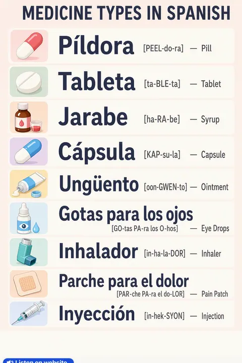 Medicine types in Spanish vocabulary chart