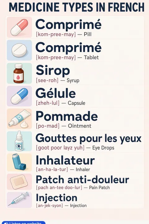 Medicine types in French vocabulary chart
