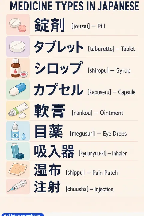 Medicine types in Japanese vocabulary chart